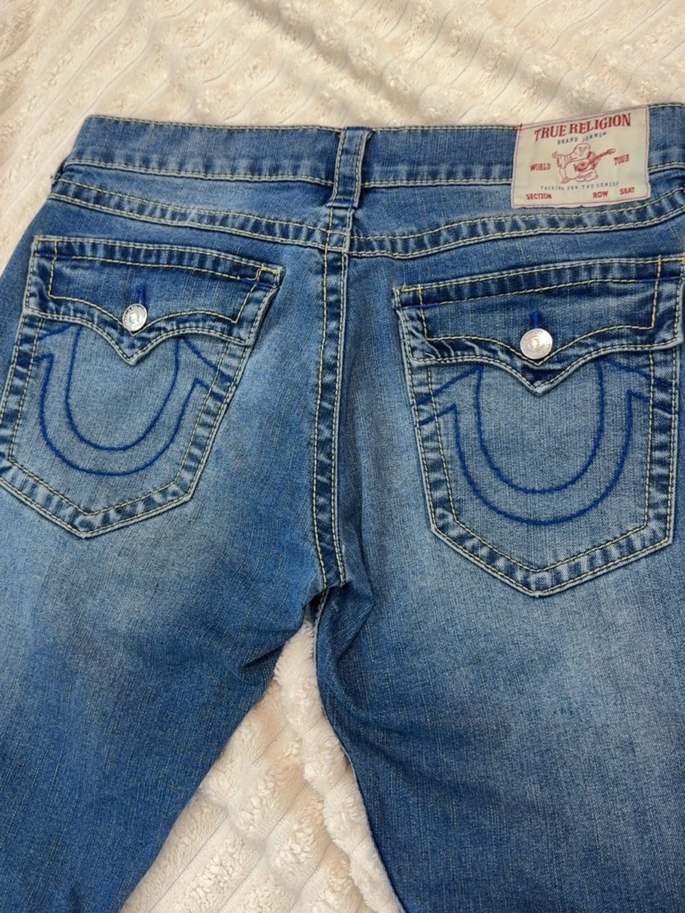 True Religion Men's Light Blue Denim Jeans with Signature Pocket Stitch